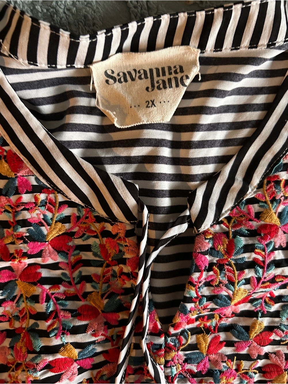 Savanna Jane Black and White Striped Top with Multicolor Floral Embroidery